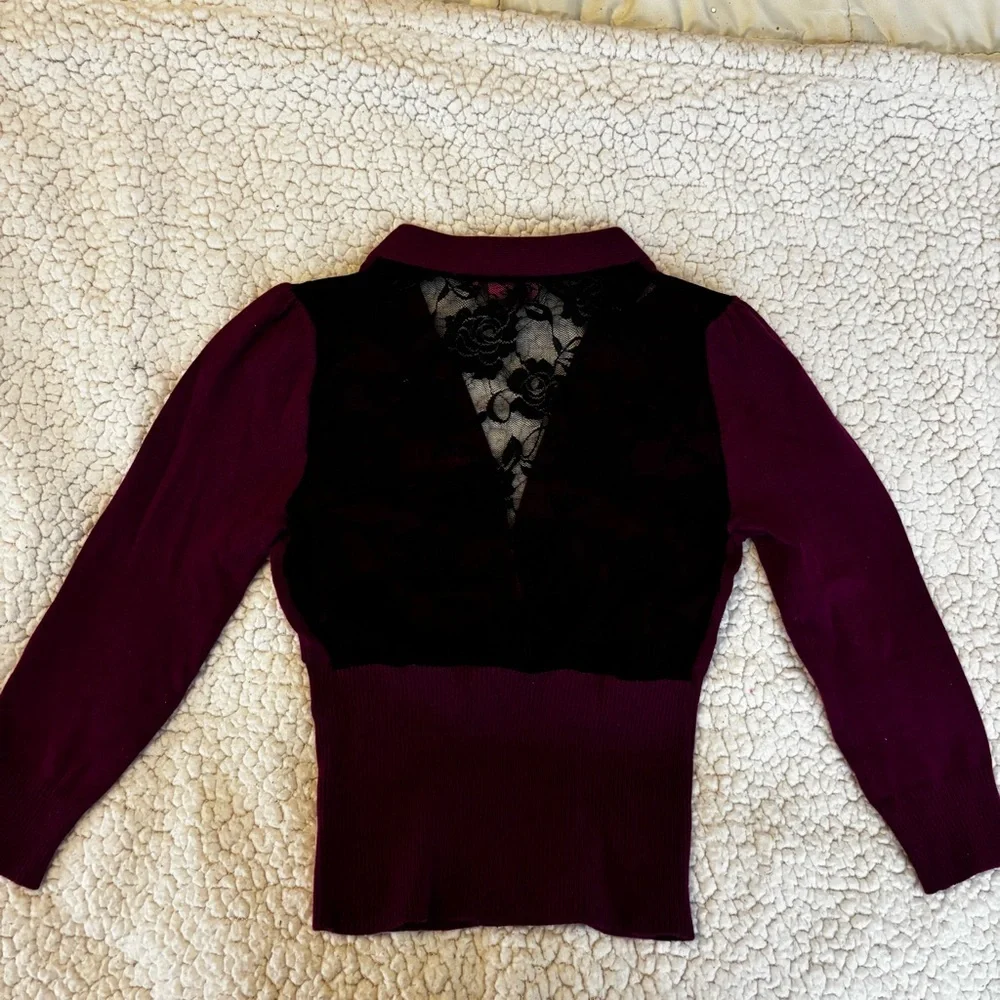 Purple Cardigan with Black Lace Detail